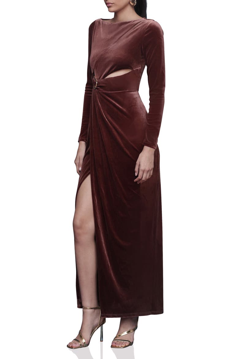 Pleated Cutout Long Sleeve Velvet Maxi Dress, Alternate, color, CHOCOLATE BROWN