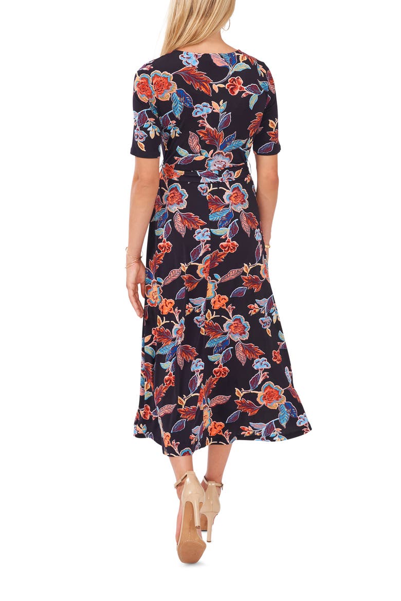 V-Neck Faux Wrap Midi Dress, Alternate, color, NAVY BURGUNDY MUSTARD
