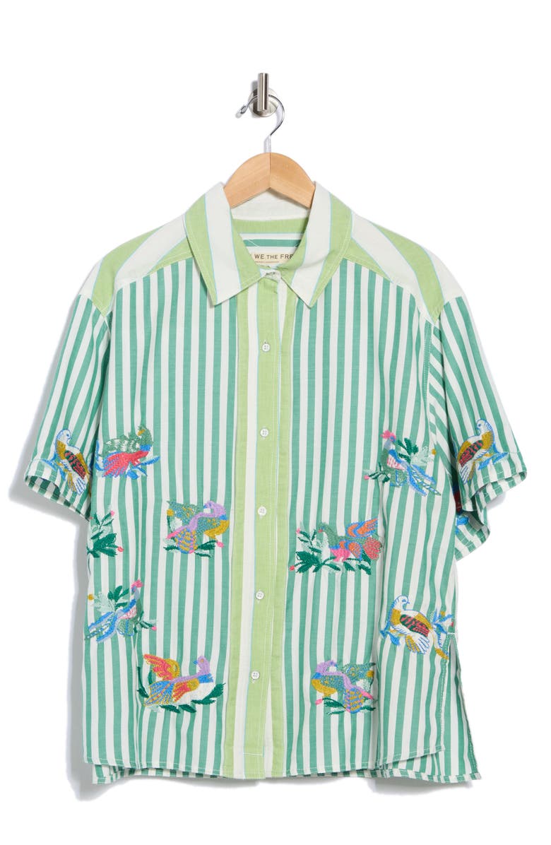 Free People The Bird Embroidered Button-Up Shirt, Alternate, color, French Green Combo
