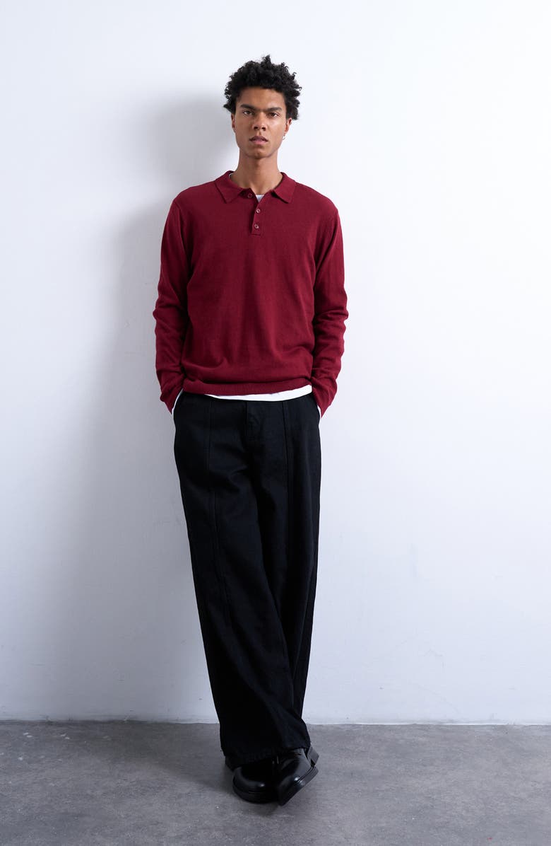 Topman Long Sleeve Cotton & Wool Polo Sweater, Alternate, color, Burgundy