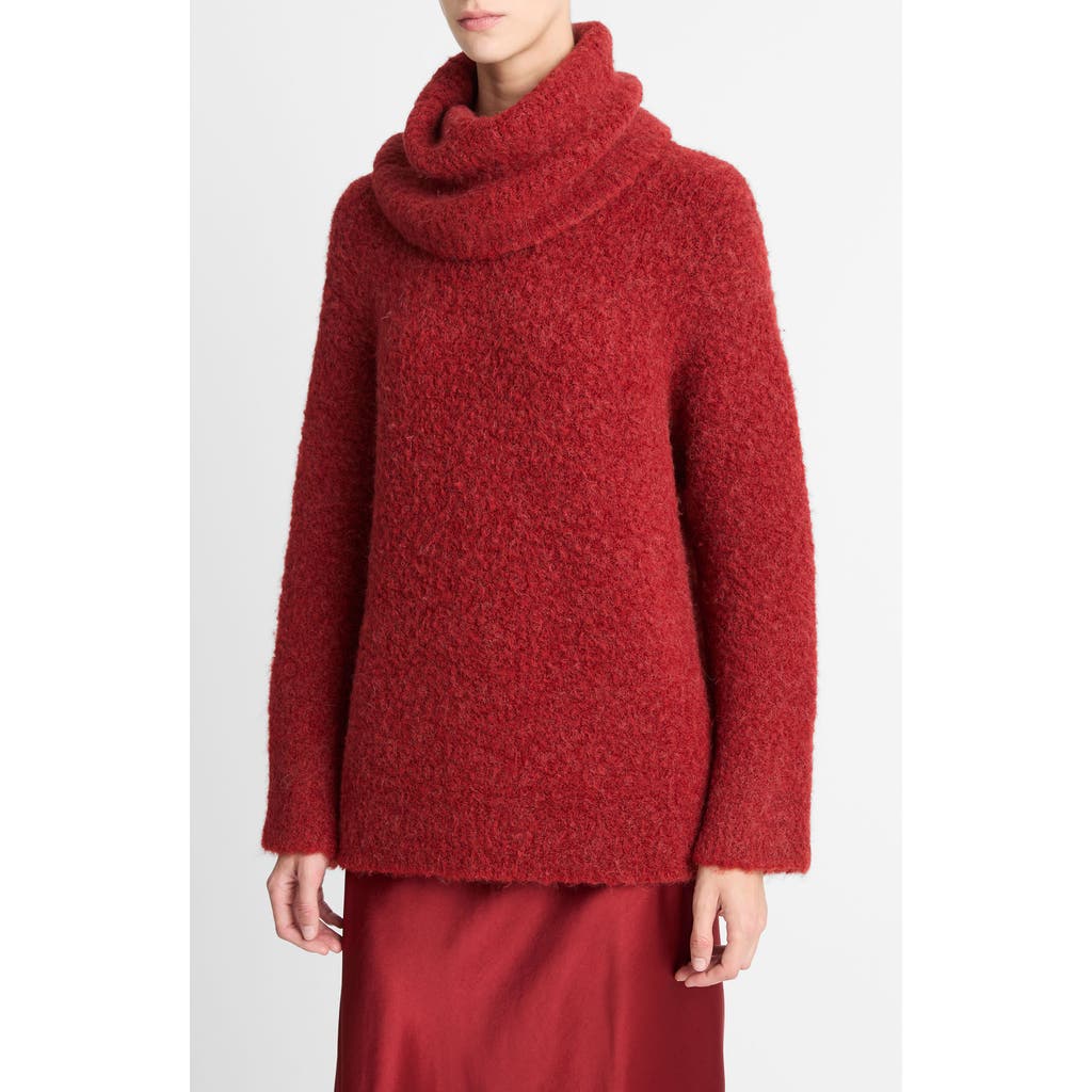 Vince Boucle Turtleneck Tunic Sweater In Red