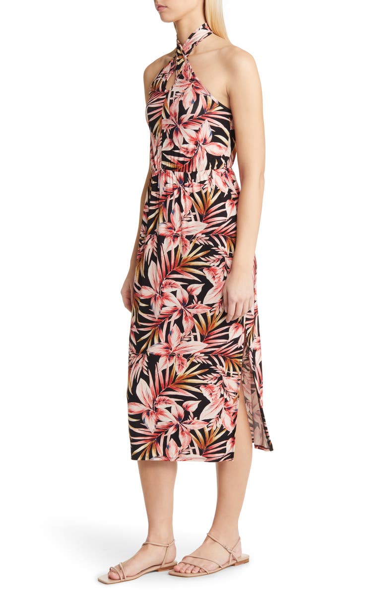 Loveappella Palm Print Twist Halter Neck Midi Dress, Alternate, color, Black/ Marsala