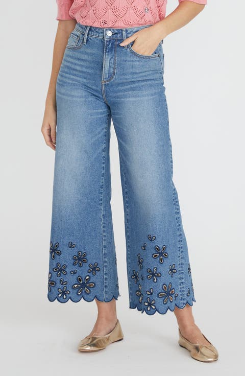 Martha x Scalloped Floral Cutout Crop Wide Leg Jeans