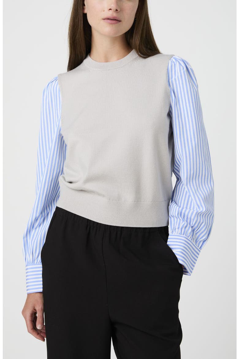 Mixed Media Crewneck Sweater, Alternate, color, GREY/ BLUE WHITE STRIPE