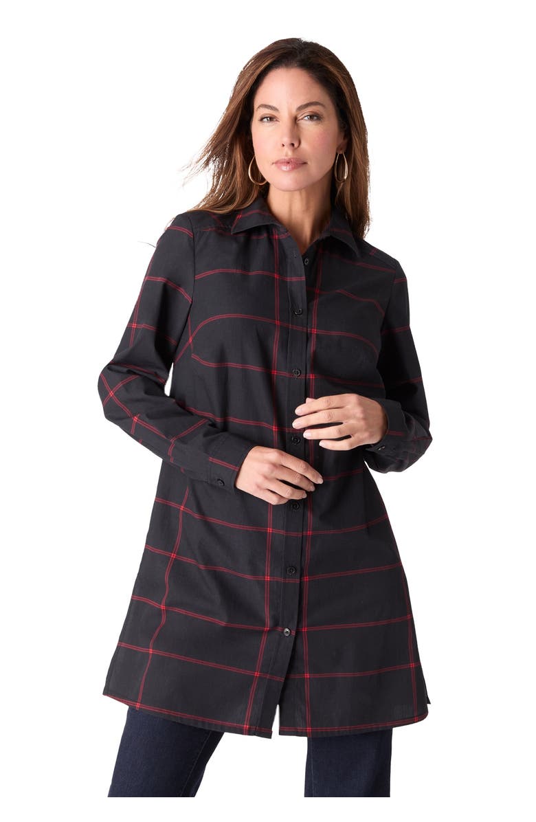 Roaman's Kate Long-Sleeve Crisp Cotton-Blend Button-Front Tunic, Main, color, Black Windowpane