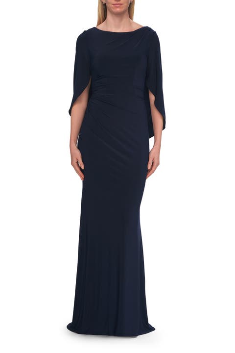 Draped Cape Sleeve Jersey Gown with Ruched Bodice
