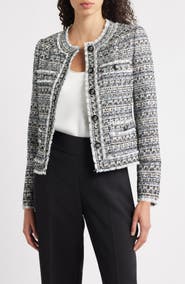 Elie Tahari The Dakota Fringe Trim Tweed Jacket