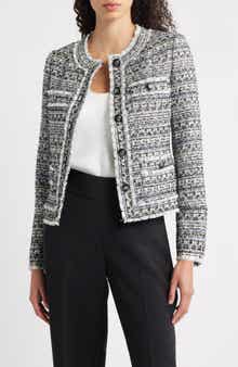 Elie Tahari The Dakota Fringe Trim Tweed Jacket