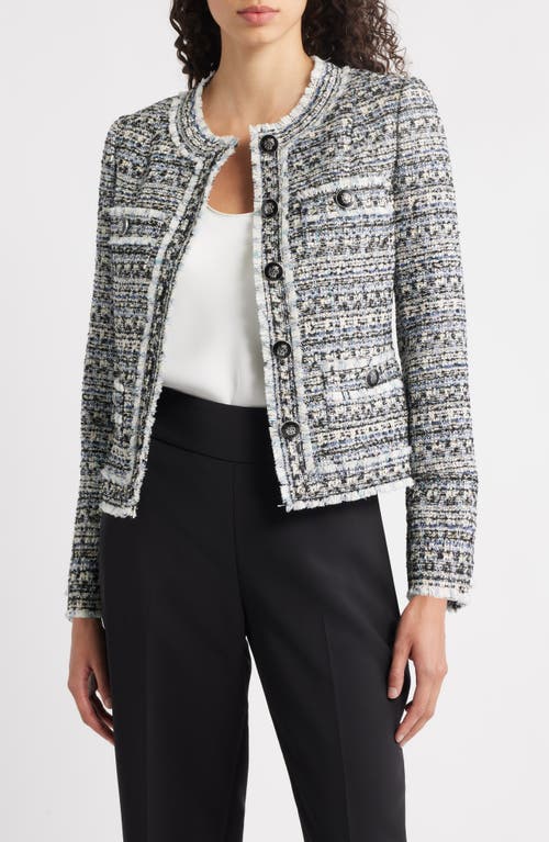 Elie Tahari The Dakota Fringe Trim Tweed Jacket In Gray
