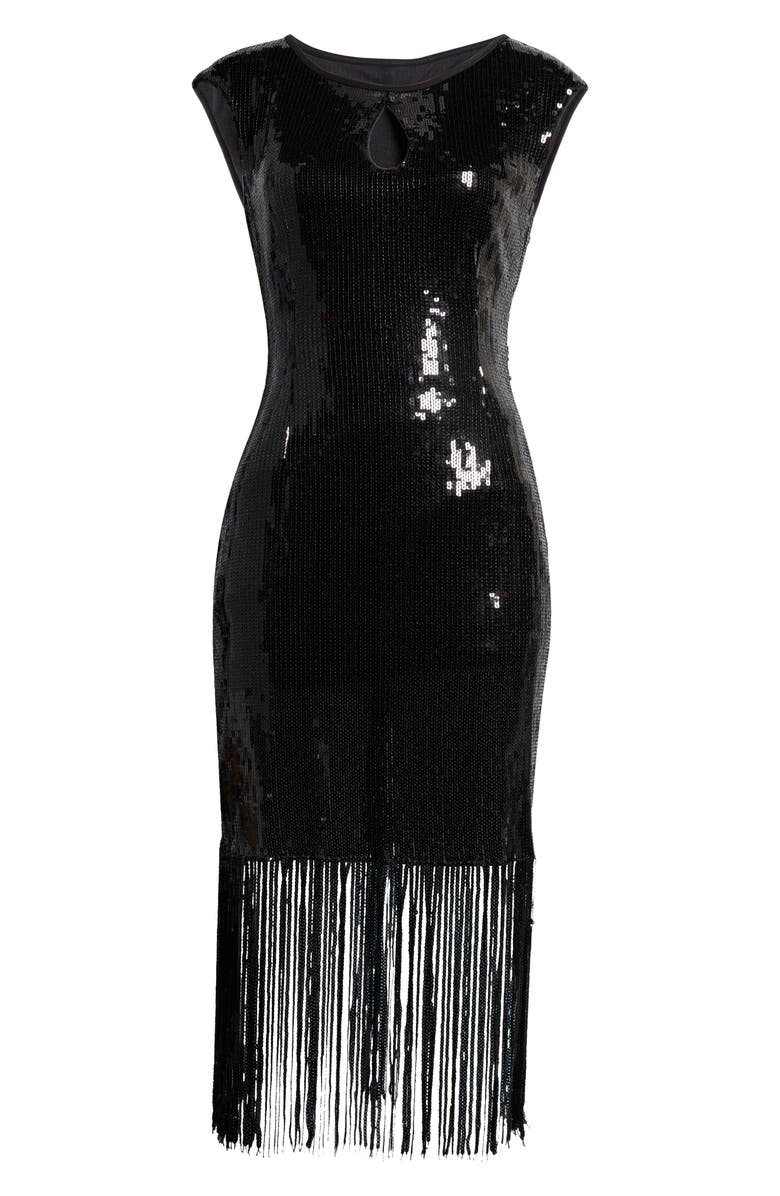 Connected Apparel Kyhle Sequin Fringe Hem Cocktail Dress, Alternate, color, Black