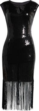 Connected Apparel Kyhle Sequin Fringe Hem Cocktail Dress