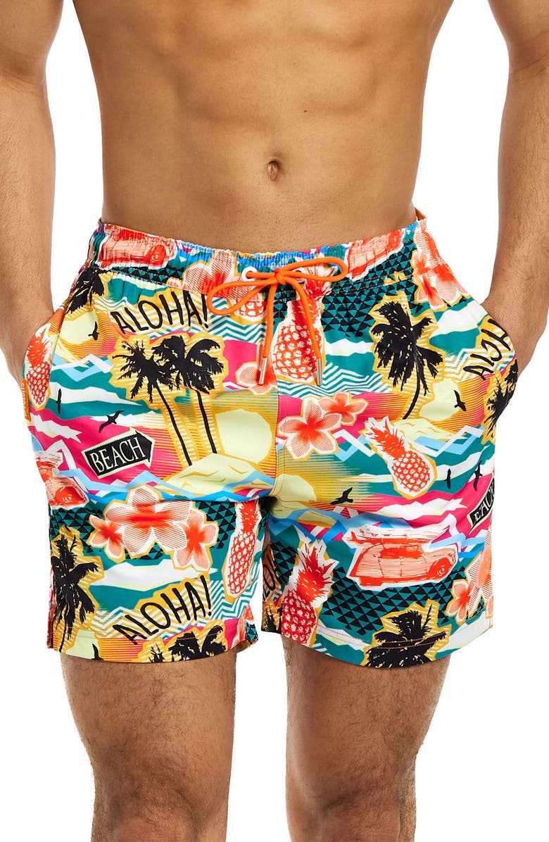 OppoSuits Aloha Hero Stretch Swim Trunks, Main, color, Orange