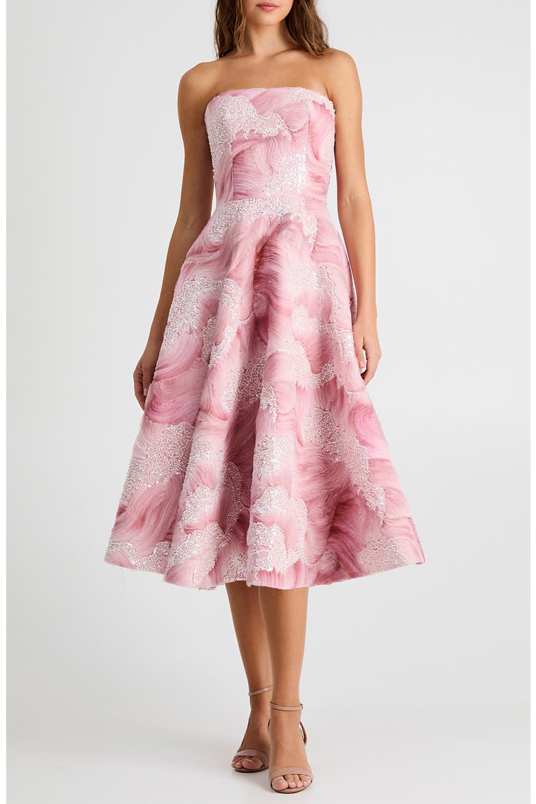Vivi Bead Detail Print Strapless Cocktail Midi Dress, Main, color, ROSE PINK