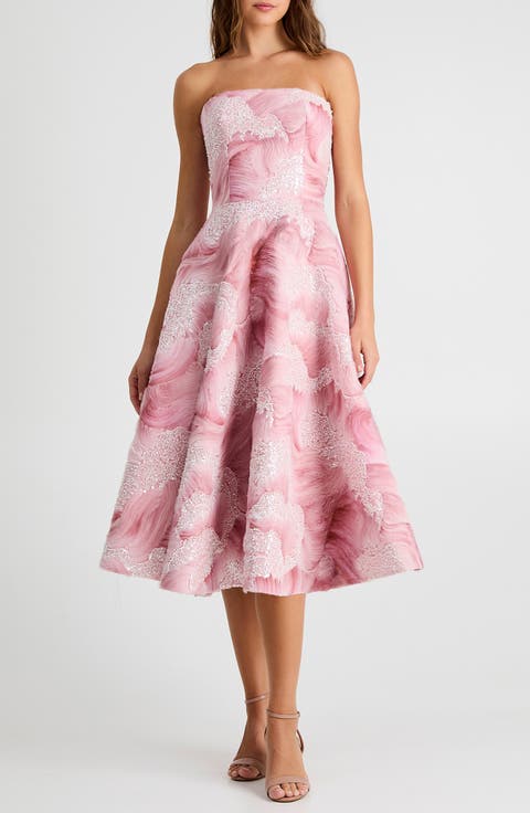 Vivi Bead Detail Print Strapless Cocktail Midi Dress