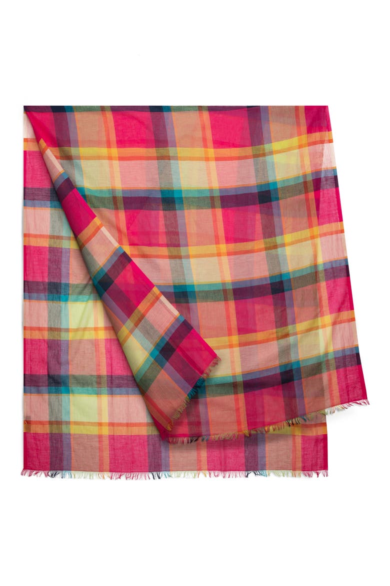 Plaid Fringe Scarf, Alternate, color, FUCHSIA