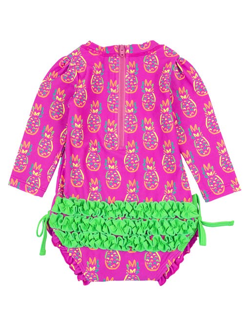 Rufflebutts Baby Girls Long Sleeve Upf50+ One Piece Rash Guard In Neon Violet Pineapples