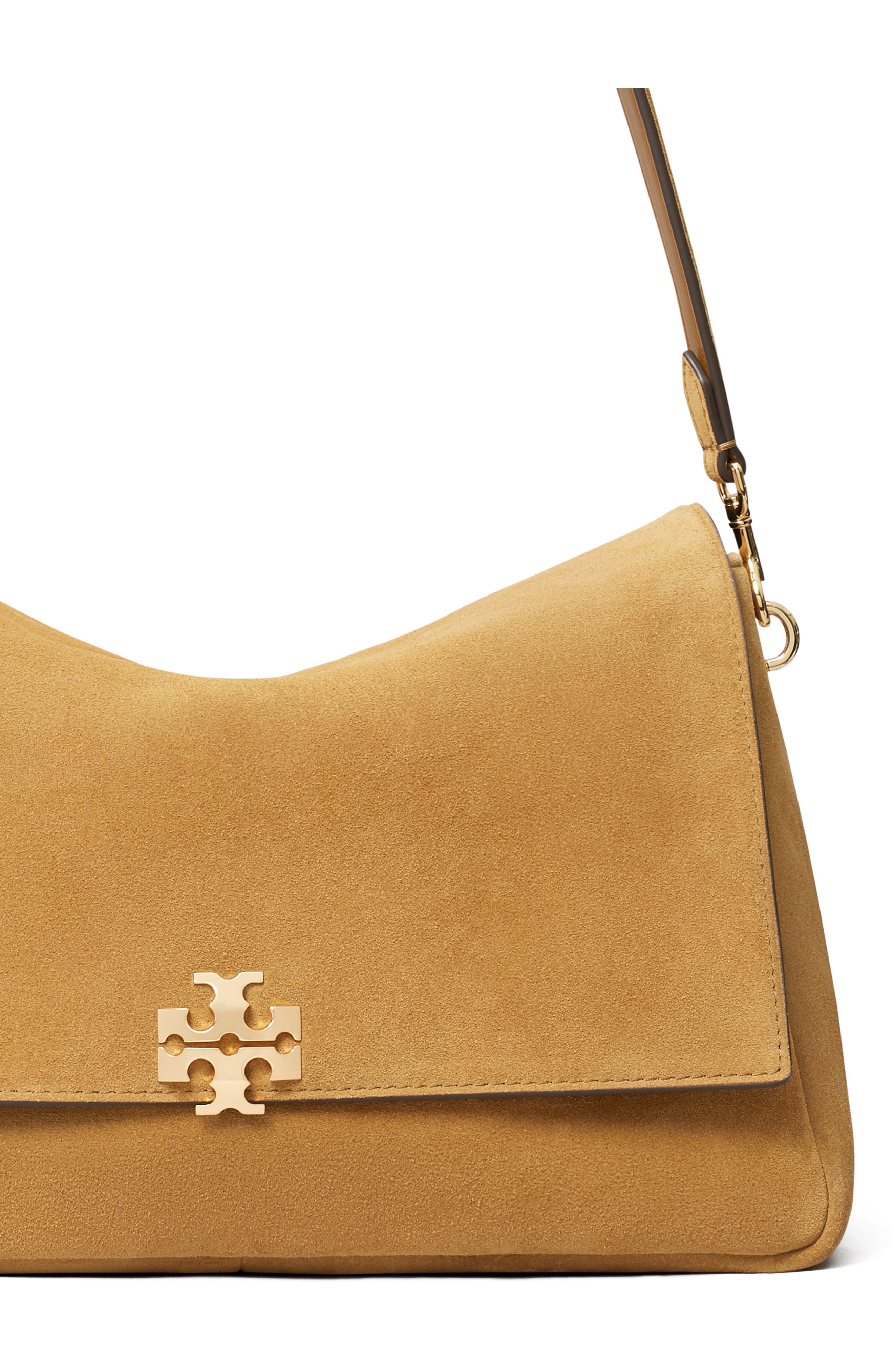 Tory Burch Charlie Suede Shoulder Bag, Alternate, color, Toffee