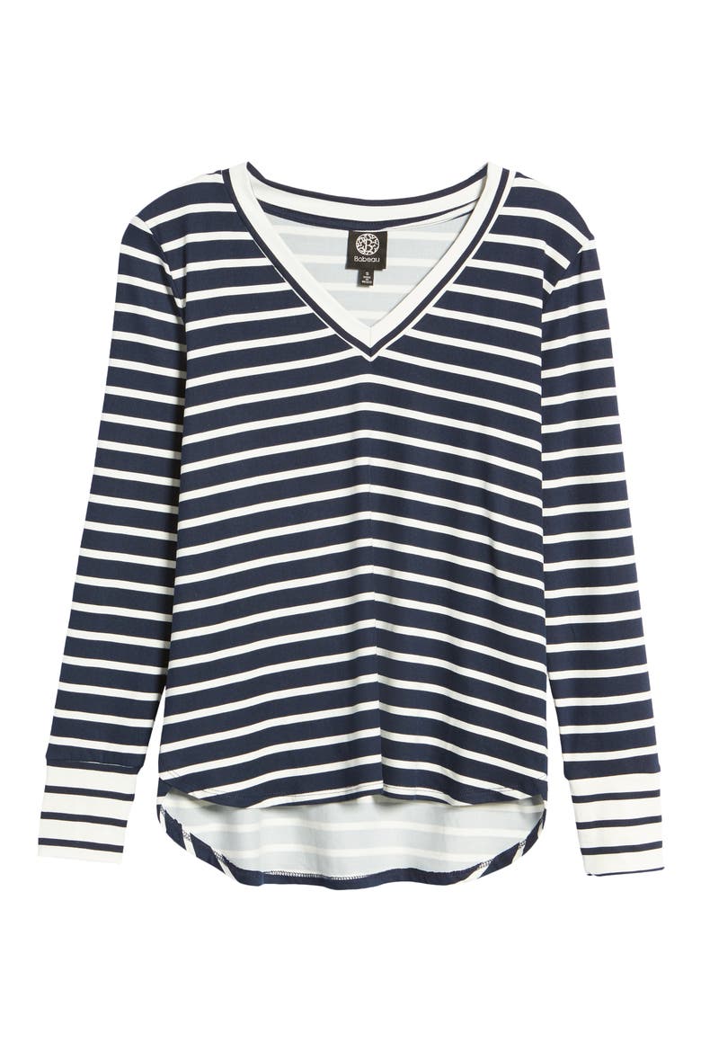Stripe V-Neck Butter Top, Alternate, color, NAVY/ IVORY