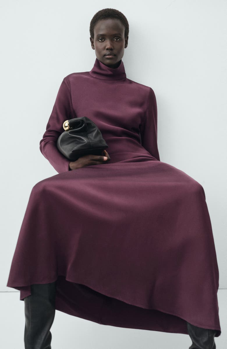MANGO Selection Turtleneck Long Sleeve Satin Maxi Dress, Alternate, color, Burgundy