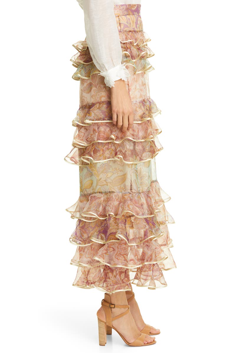 Zimmermann Lucky Paisley Tiered Ruffle Silk Skirt, Alternate, color,