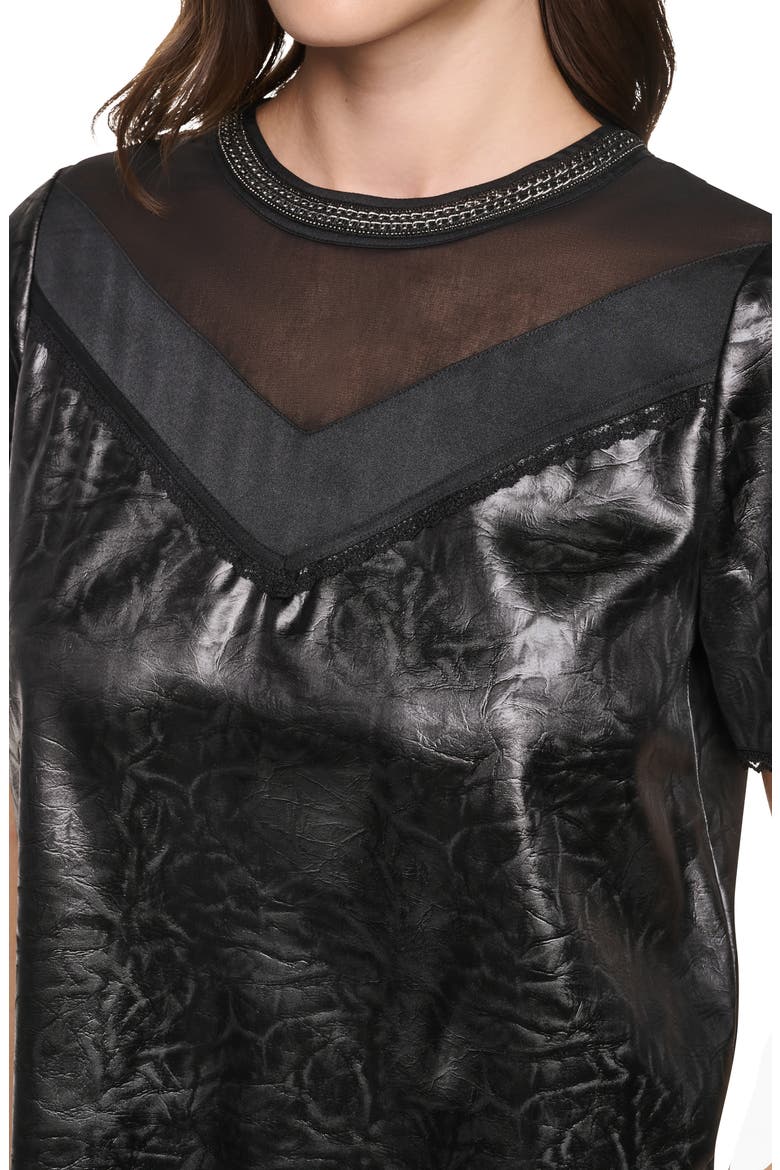 Mixed Media Crackle Faux Leather Top, Alternate, color, BLACK