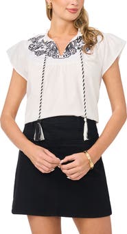 Vince Camuto Embroidered Flutter Sleeve Cotton Top