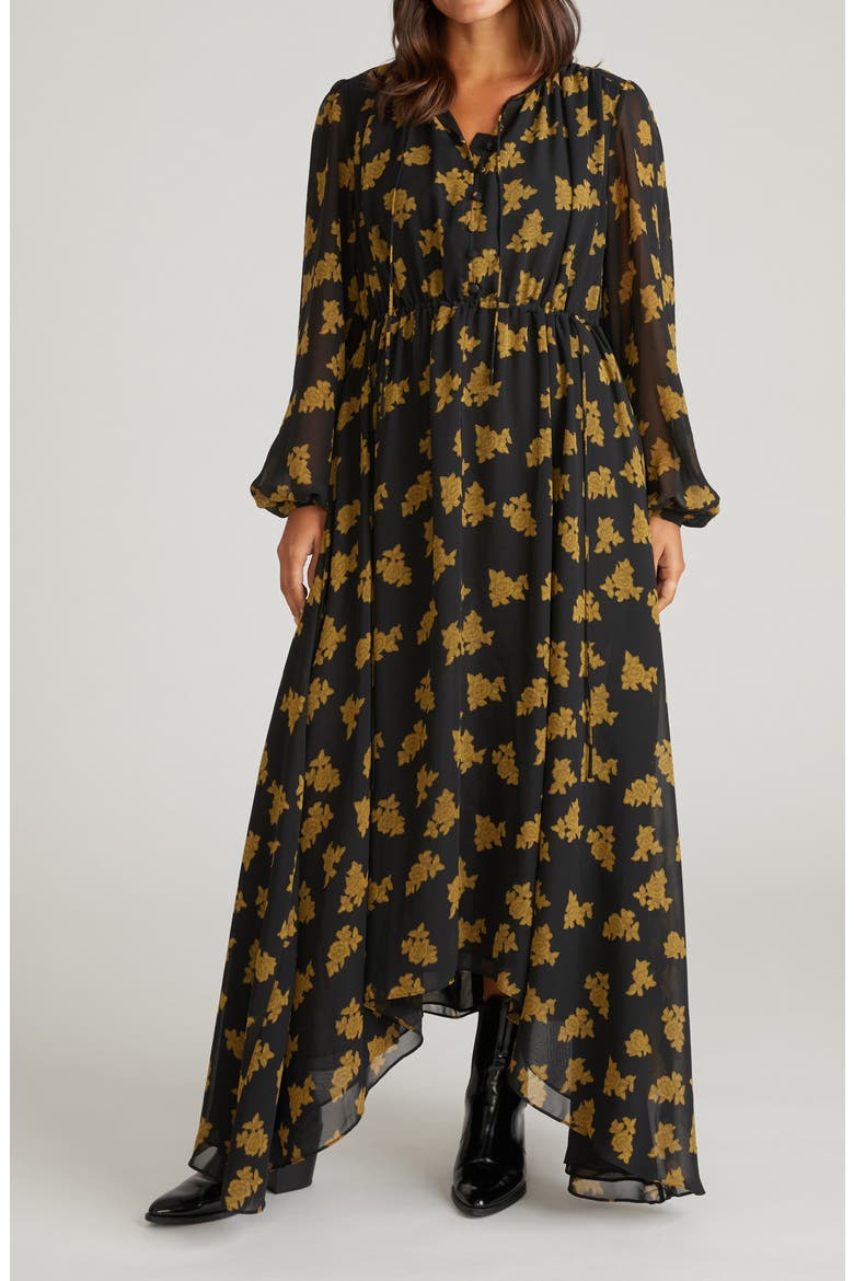 Karina Long Sleeve Chiffon Midi Dress, Main, color, BLACK/ GOLD HEIRLOOM
