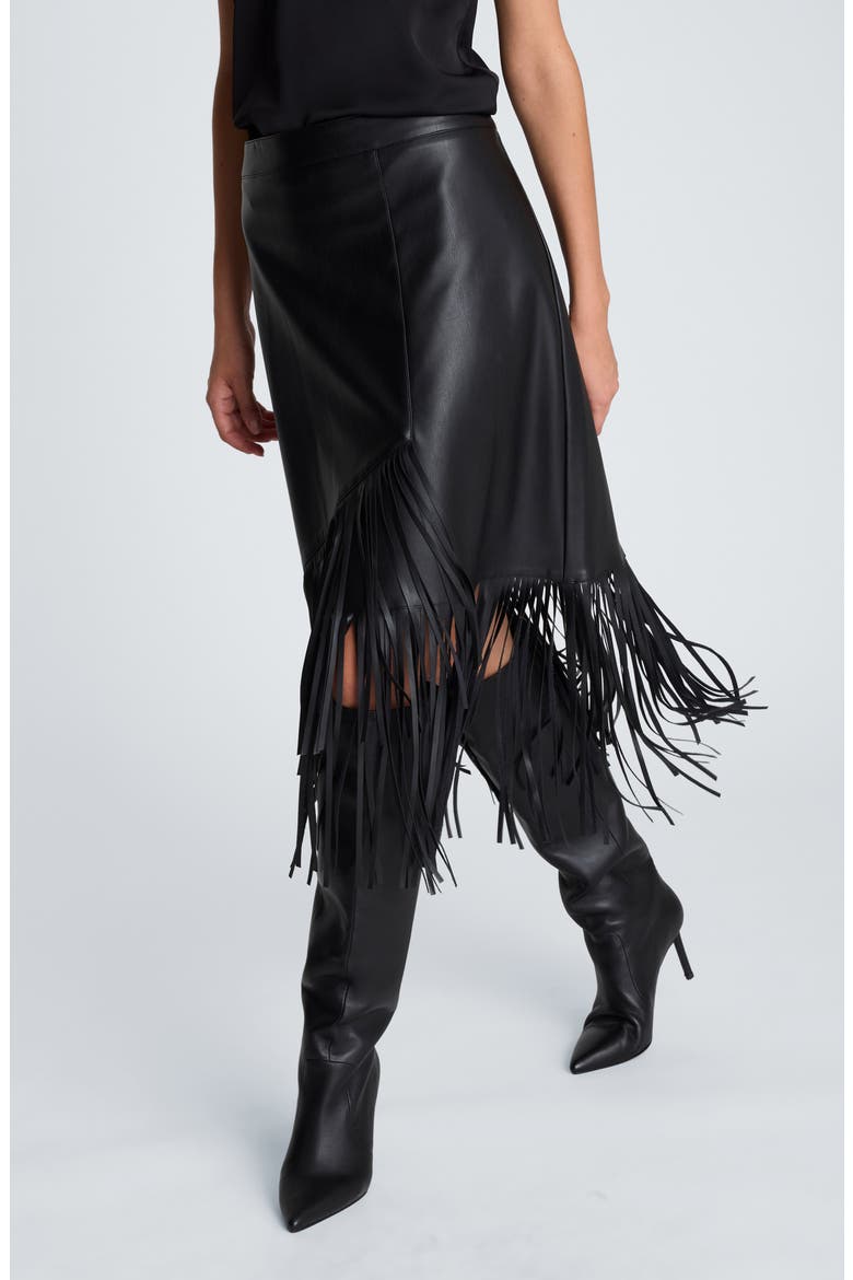 Fringe Asymmetric Faux Leather Midi Skirt, Alternate, color, BLACK