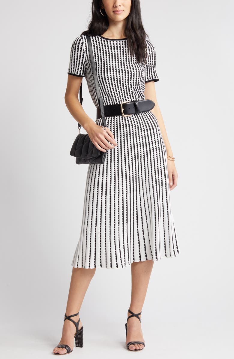 Ming Wang Grid Stripe Flare Knit Dress, Main, color, White/ Black