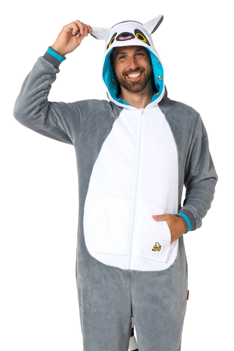 Lemur Hooded Fleece Costume Jumpsuit, Alternate, color, GREY