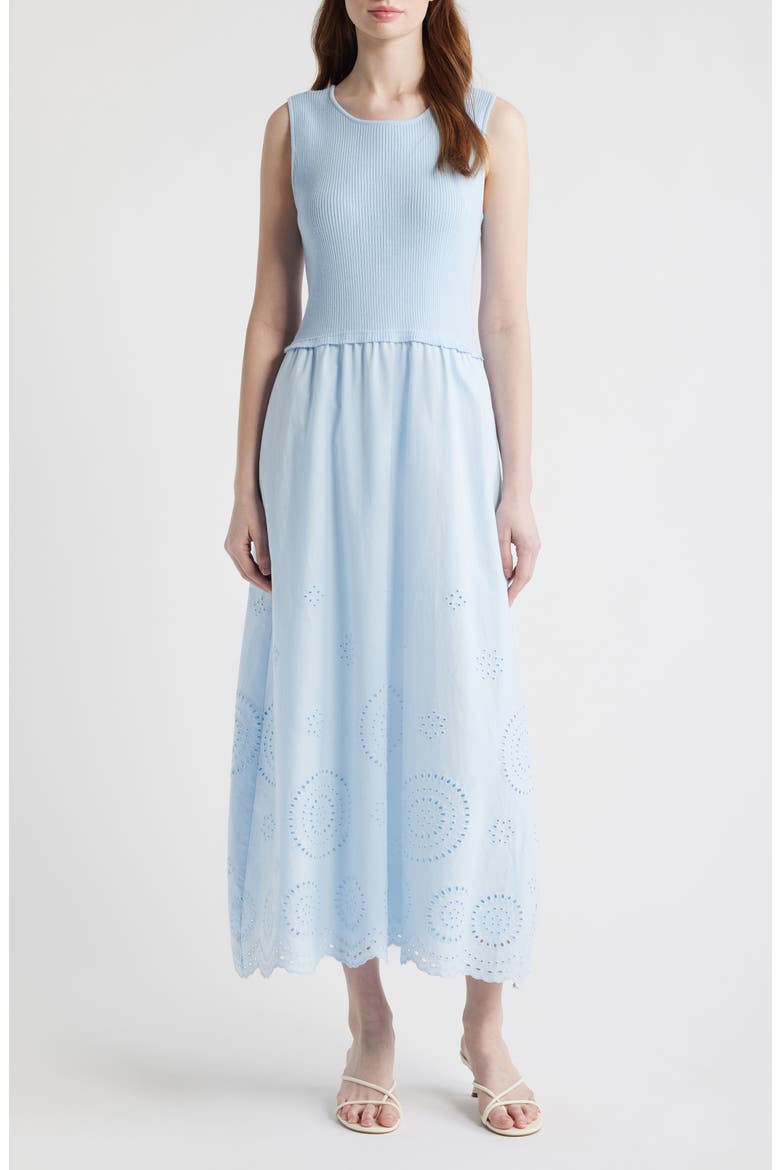 Mixed Media Eyelet Detail Maxi Dress, Main, color, LIGHT BLUE