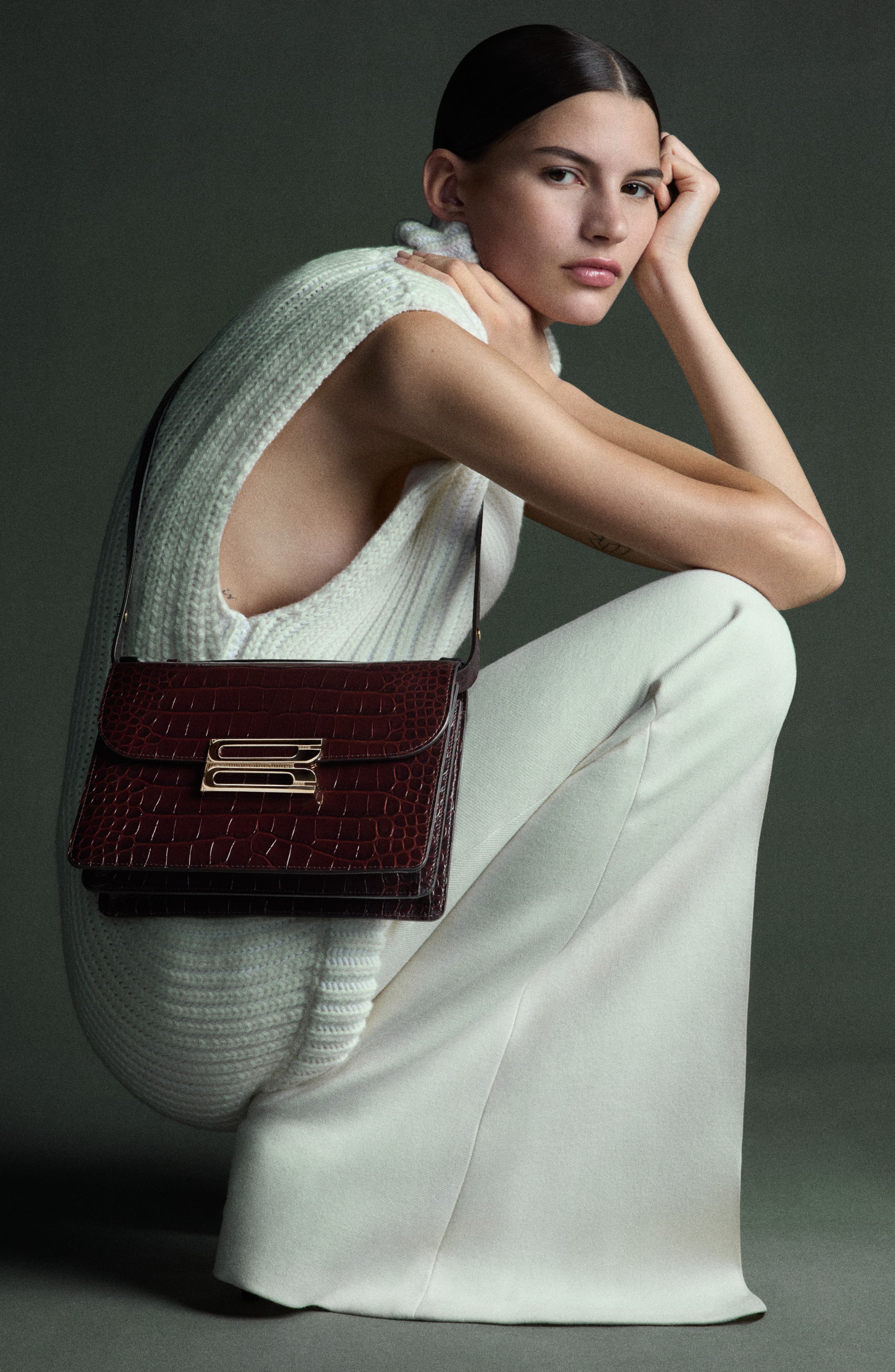 Victoria Beckham Dorian Croc Embossed Leather Shoulder Bag, Alternate, color, Espresso 8946