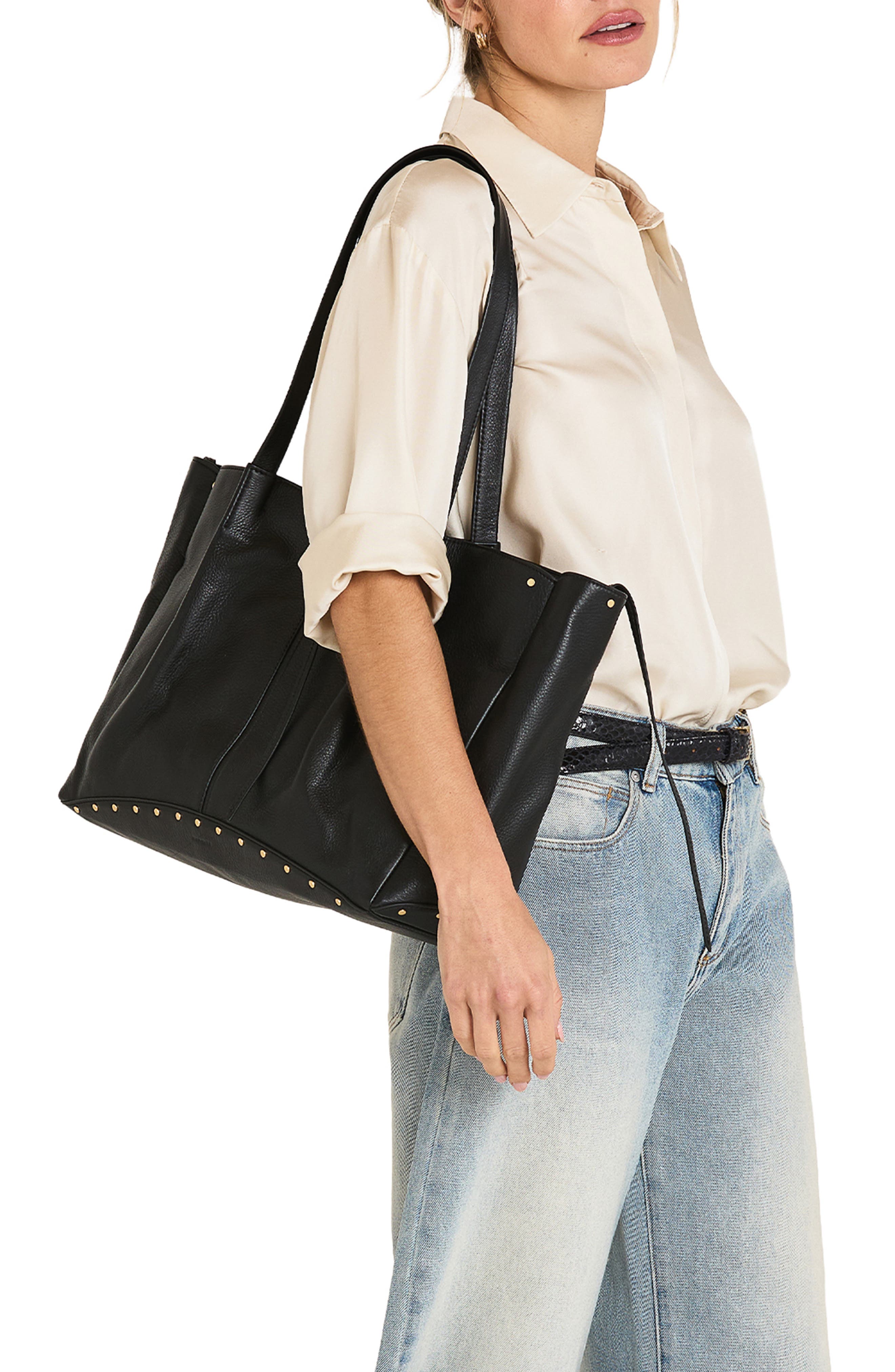 Meryl Leather Carryall Tote, Alternate, color, BLACK/BRUSHED GOLD