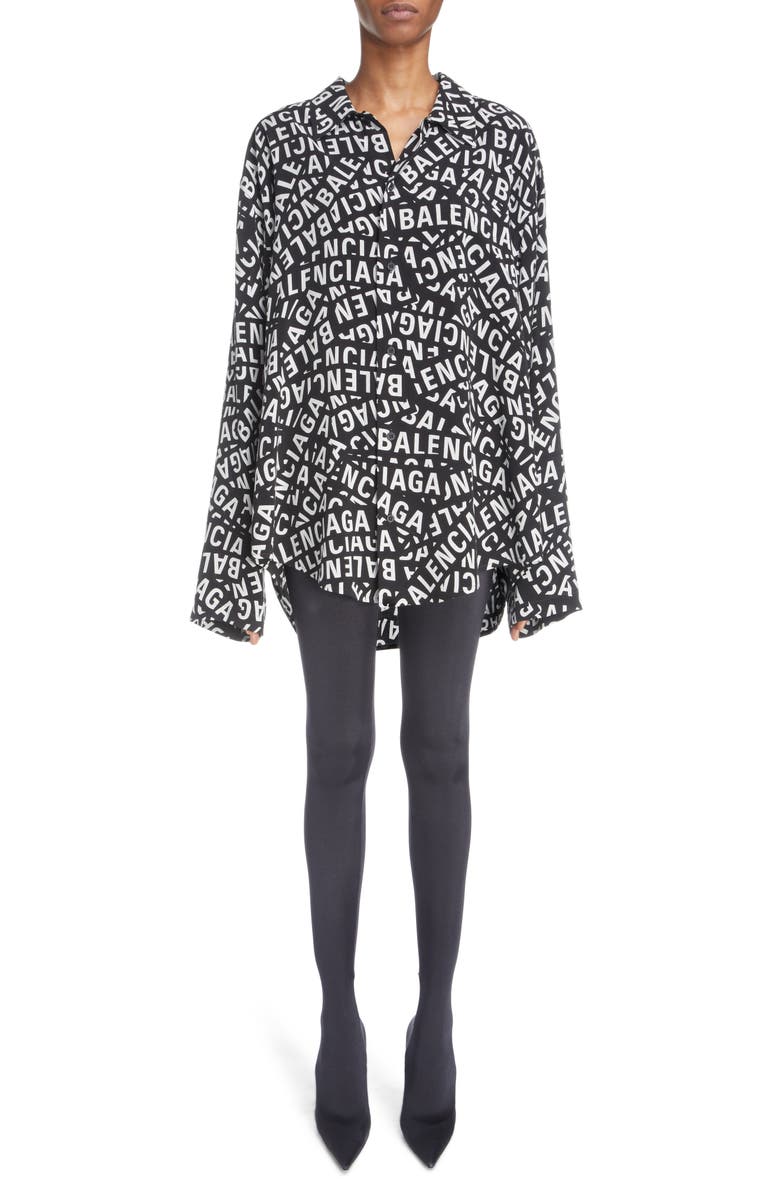 Balenciaga Logo Print Long Sleeve Button-Up Shirt, Main, color, 