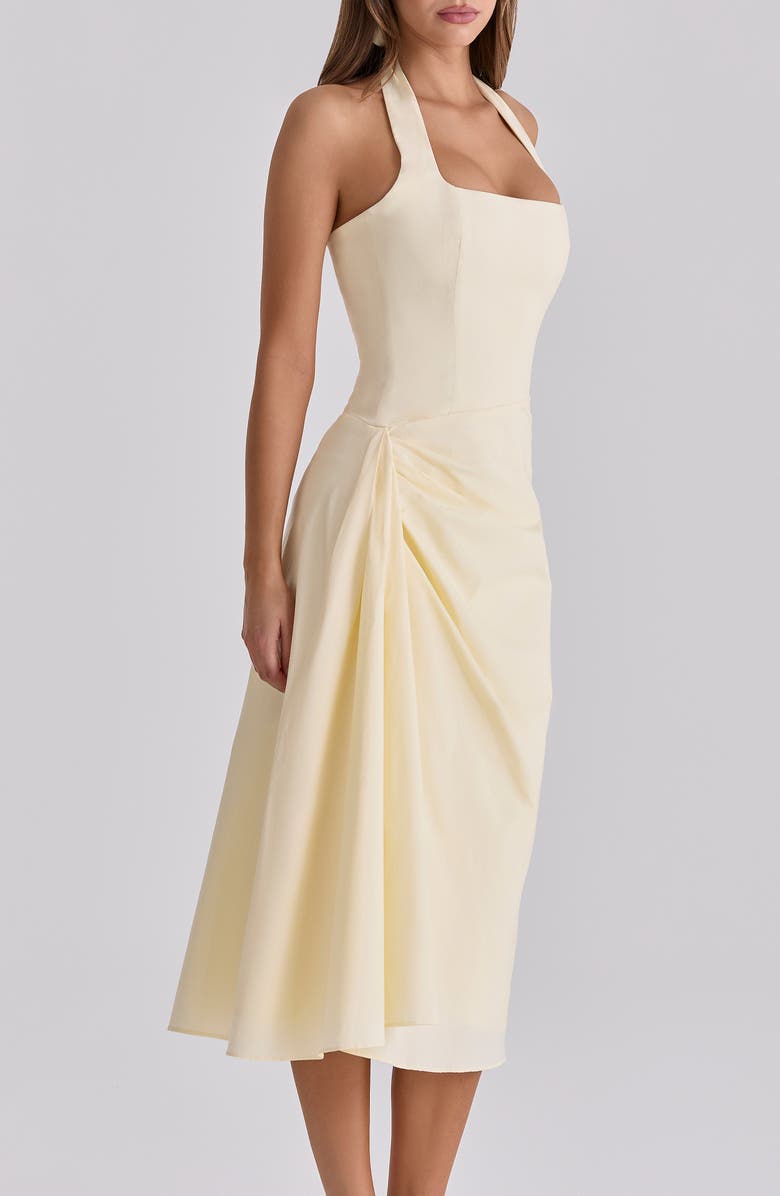 HOUSE OF CB Tallulah Halter Neck Stretch Cotton Midi Dress, Alternate, color, Lemon