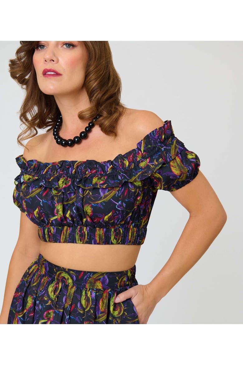 1970s Off Ruffle Up Crop Top, Alternate, color, Purple w/ Plants Print