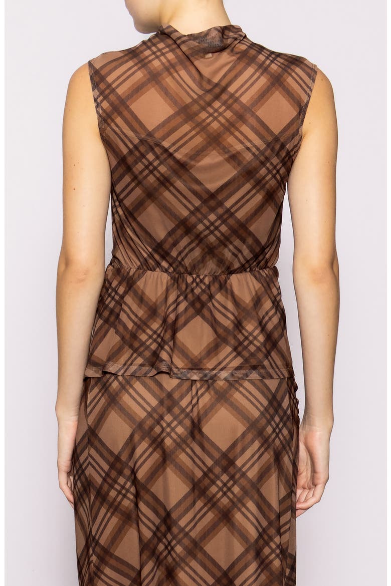 Side Cinch Plaid Mesh Peplum Top, Alternate, color, BROWN