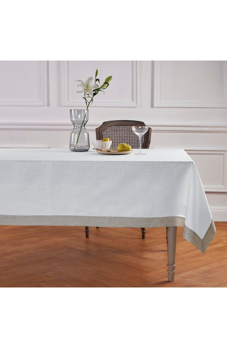 Solino Home Linen Table Throw - Festive Edge, 52" x 52" Inch, Main, color, White/Natural Shimmer Border