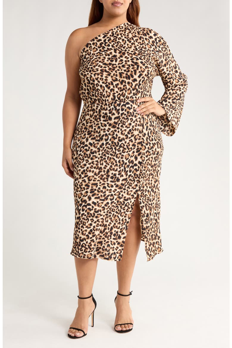 Leopard Print One-Shoulder Midi Dress, Main, color, TAUPE