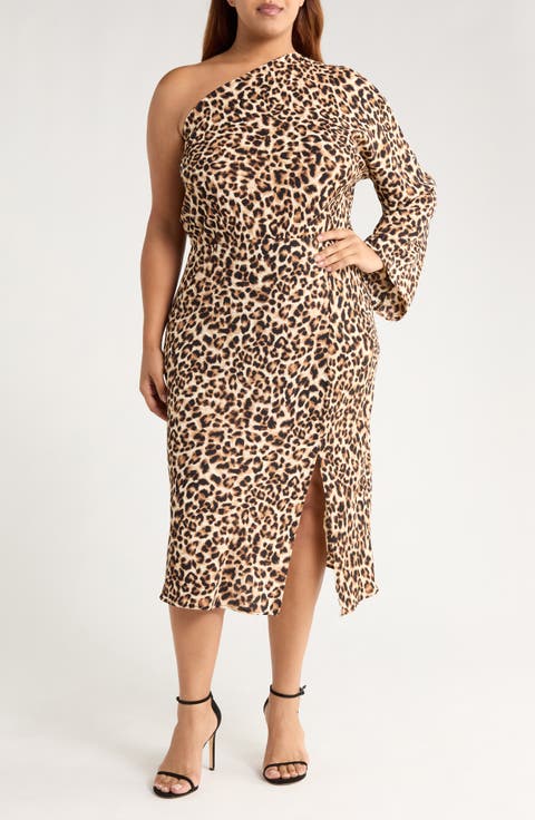 Leopard Print One-Shoulder Midi Dress (Plus)