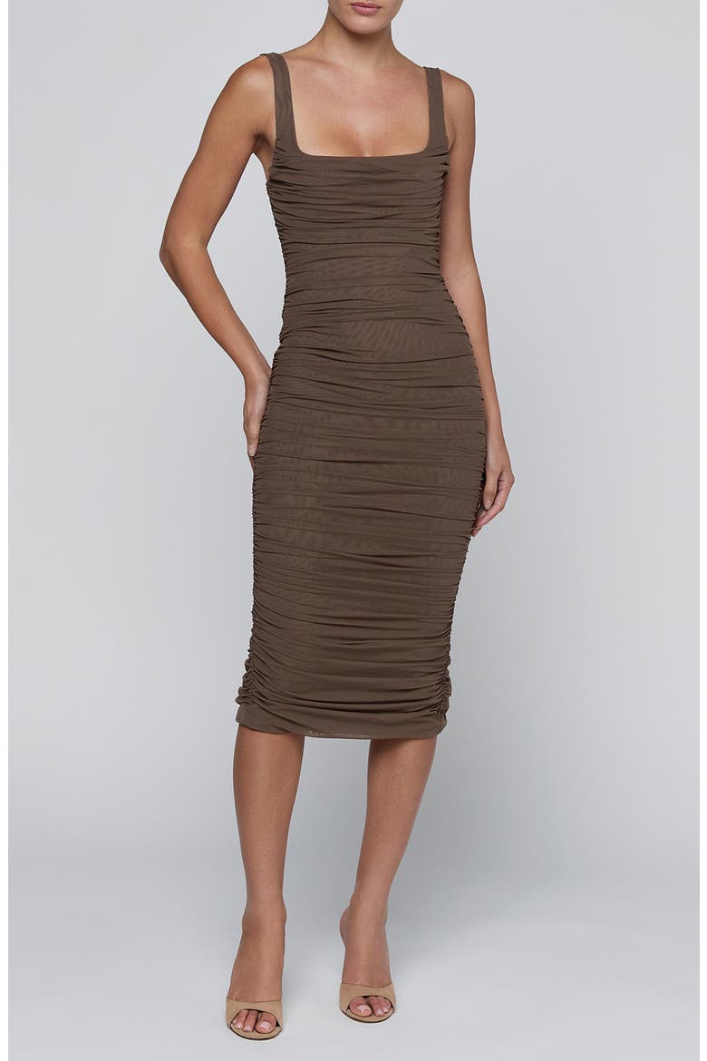Anya Shirred Midi Dress, Main, color, DARK CARDAMOM