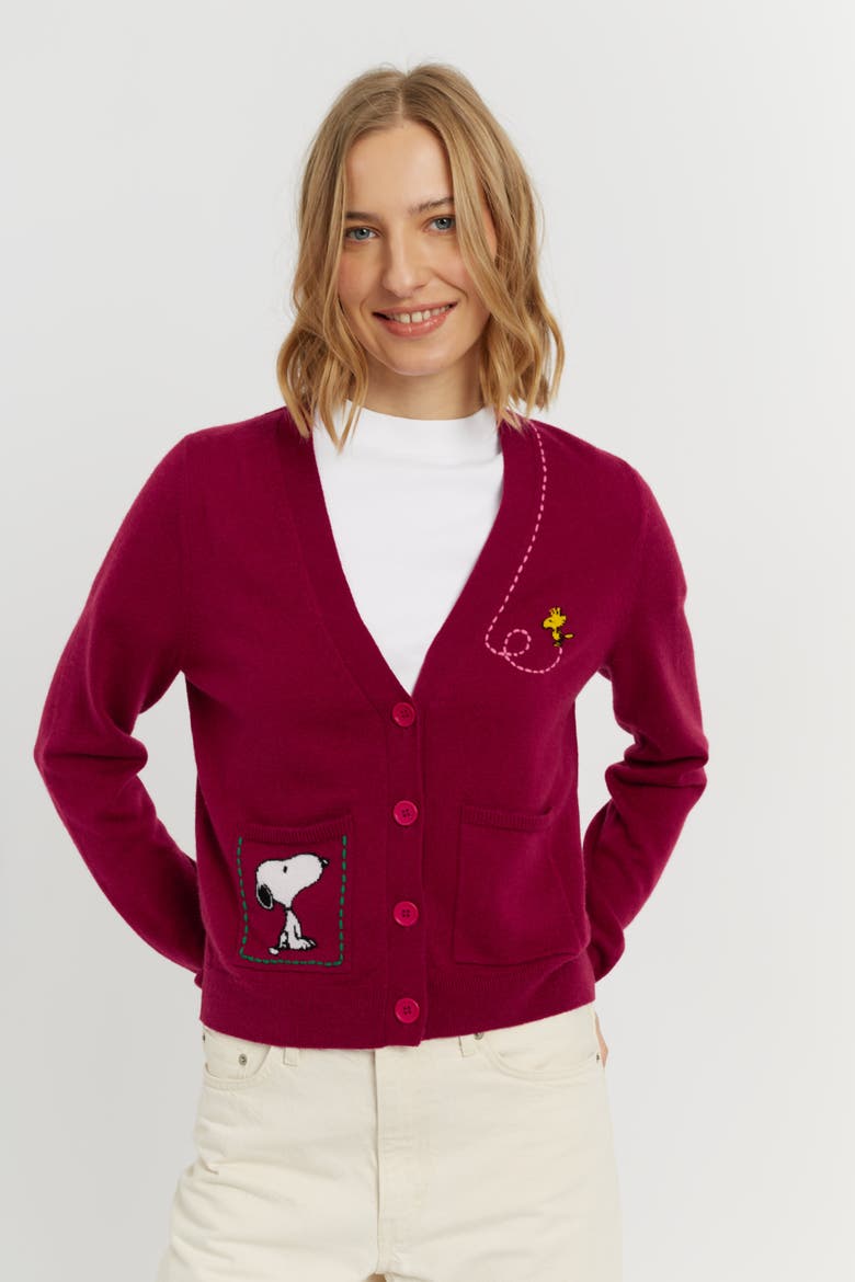 Wool-Cashmere Snoopy Pocket Cardigan, Alternate, color, Cherry