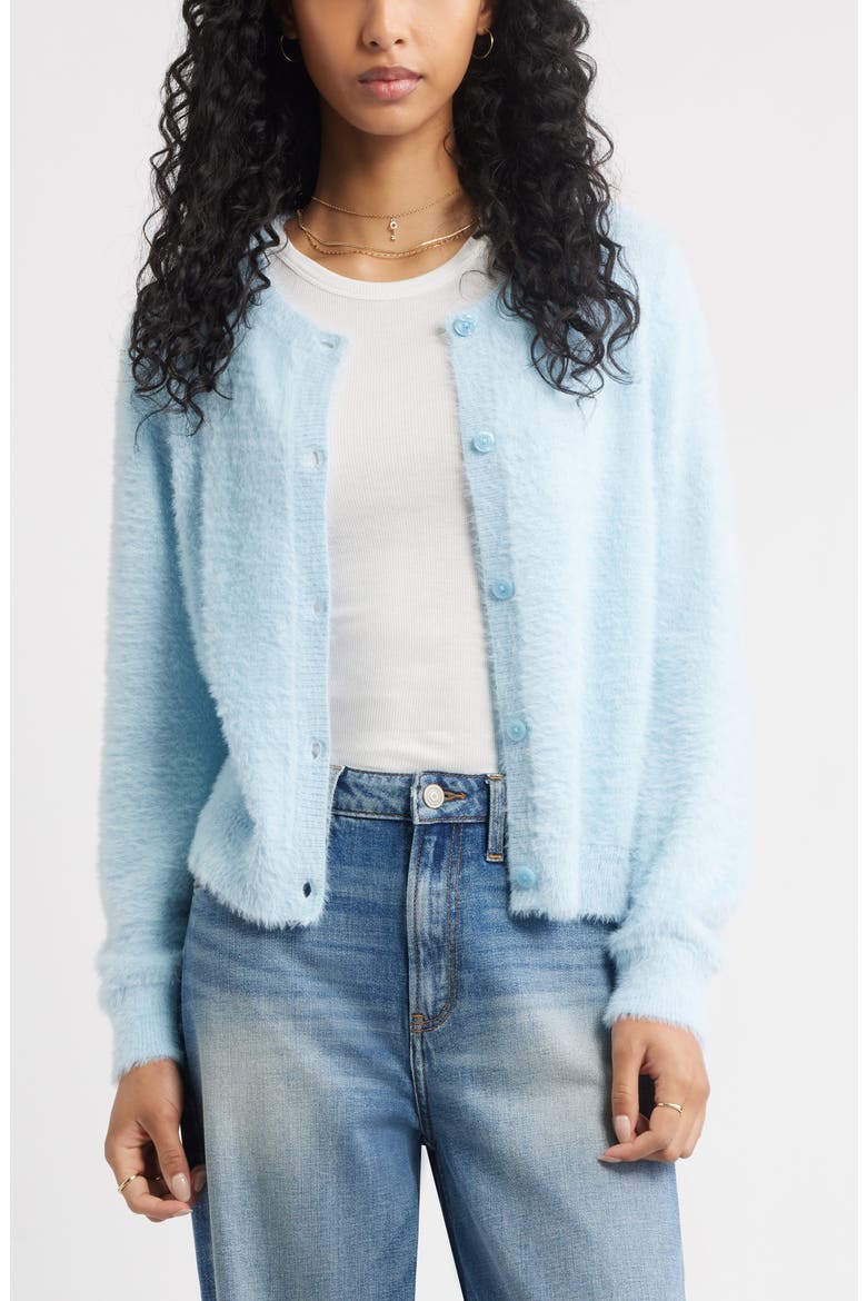Fuzzy Scoop Neck Cardigan, Main, color, BLUE SKYRIDE