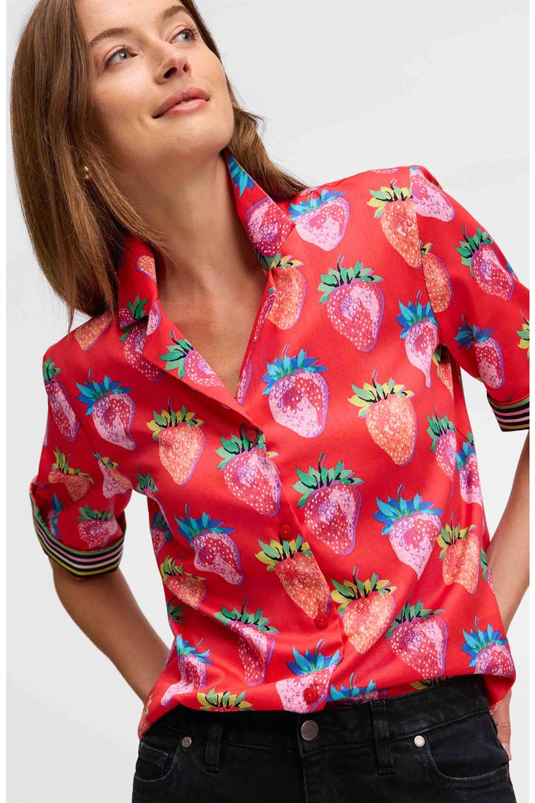 Quinn Strawberry Print Elbow Sleeve Cotton Button-Up Shirt, Alternate, color, RED/ MULTI