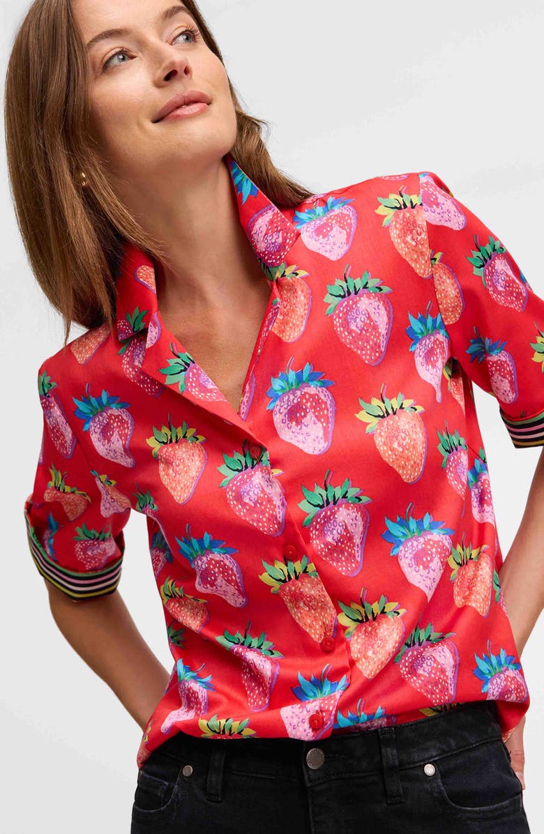 Foxcroft Quinn Strawberry Print Elbow Sleeve Cotton Button-Up Shirt, Alternate, color, Multi