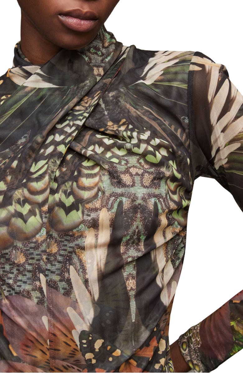 AllSaints Tia Gene Print Mesh Turtleneck, Alternate, color,