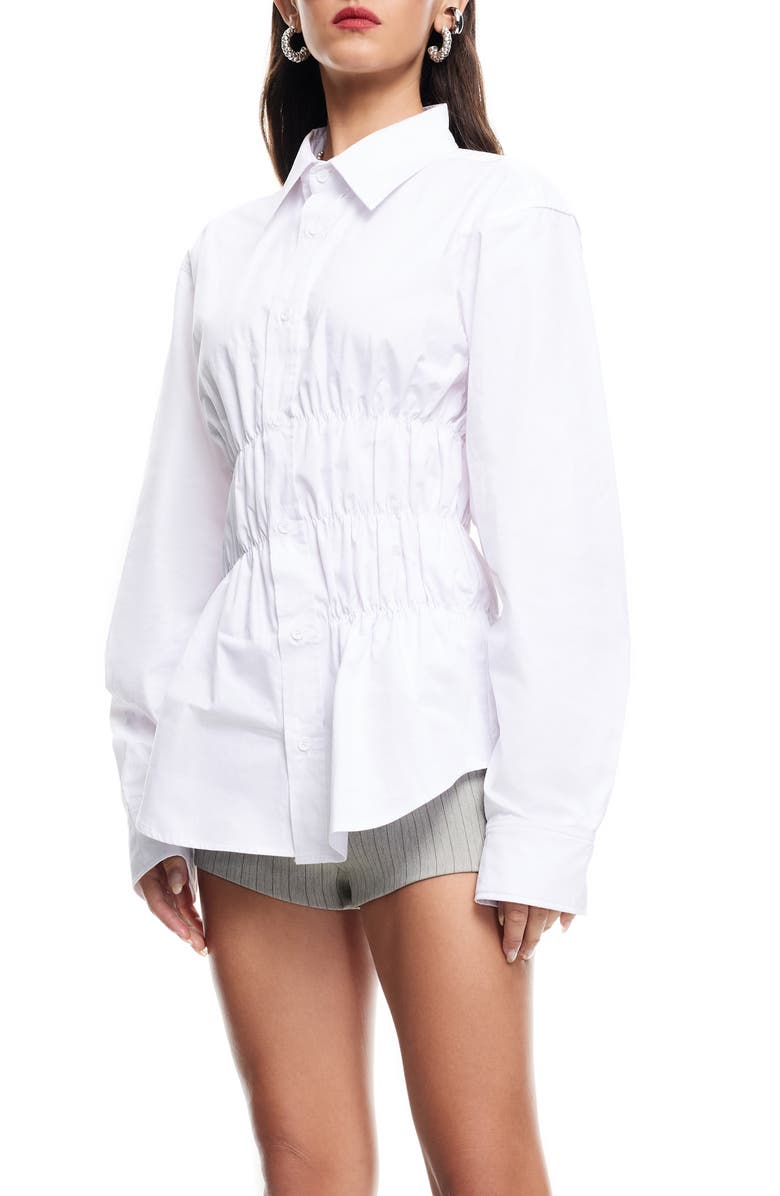 LIONESS Chloe Shirred Cotton Button-Up Shirt, Alternate, color, Porcelain