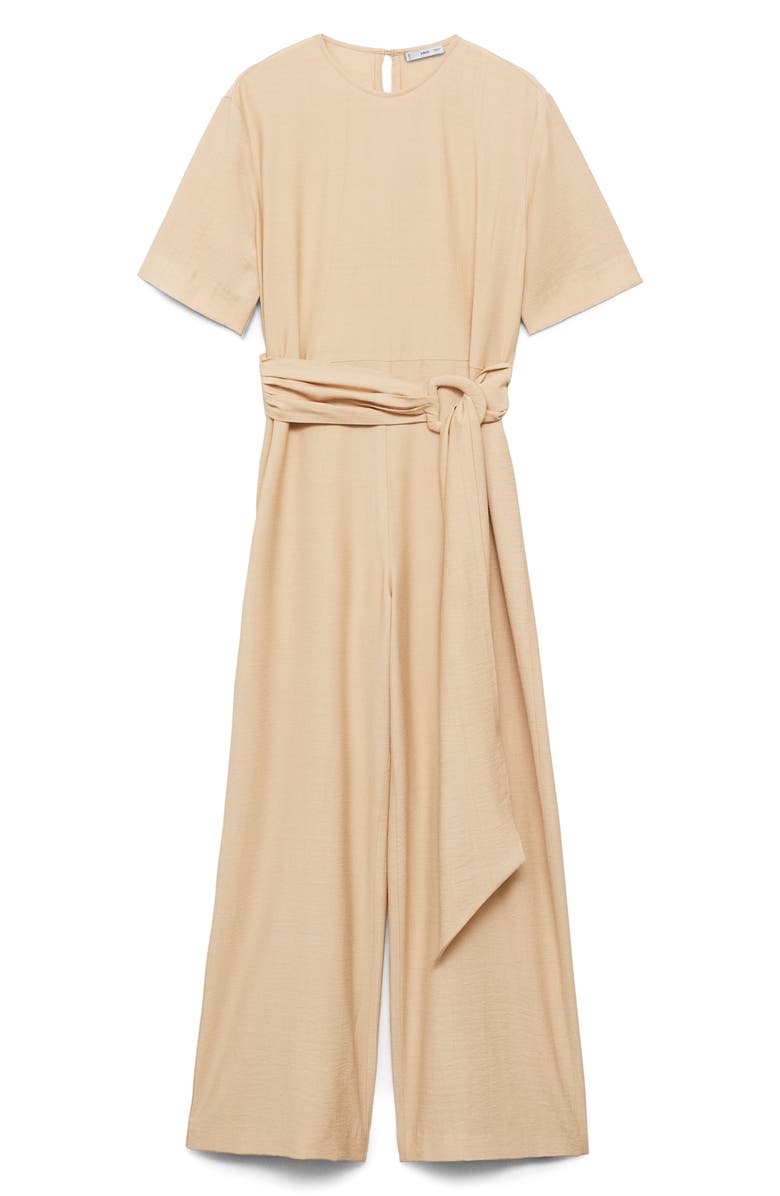 MANGO Belted Wide Leg Jumpsuit, Alternate, color, Ecru