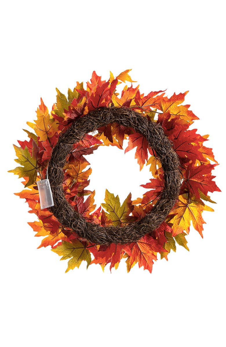 Glitzhome 24"D Fall Lighted Maple Leaves Wreath with timer, Alternate, color, Orange