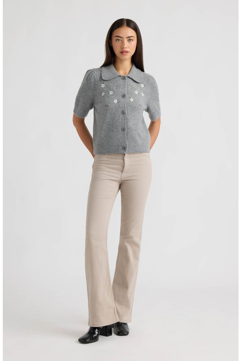 Embroidered Collared Short Sleeve Sweater, Alternate, color, MEDIUM GREY MIX